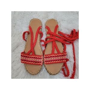 Hollister Red Orange Crochet Bohemian Lace Up Tie Espadrille Sandals Women's 6